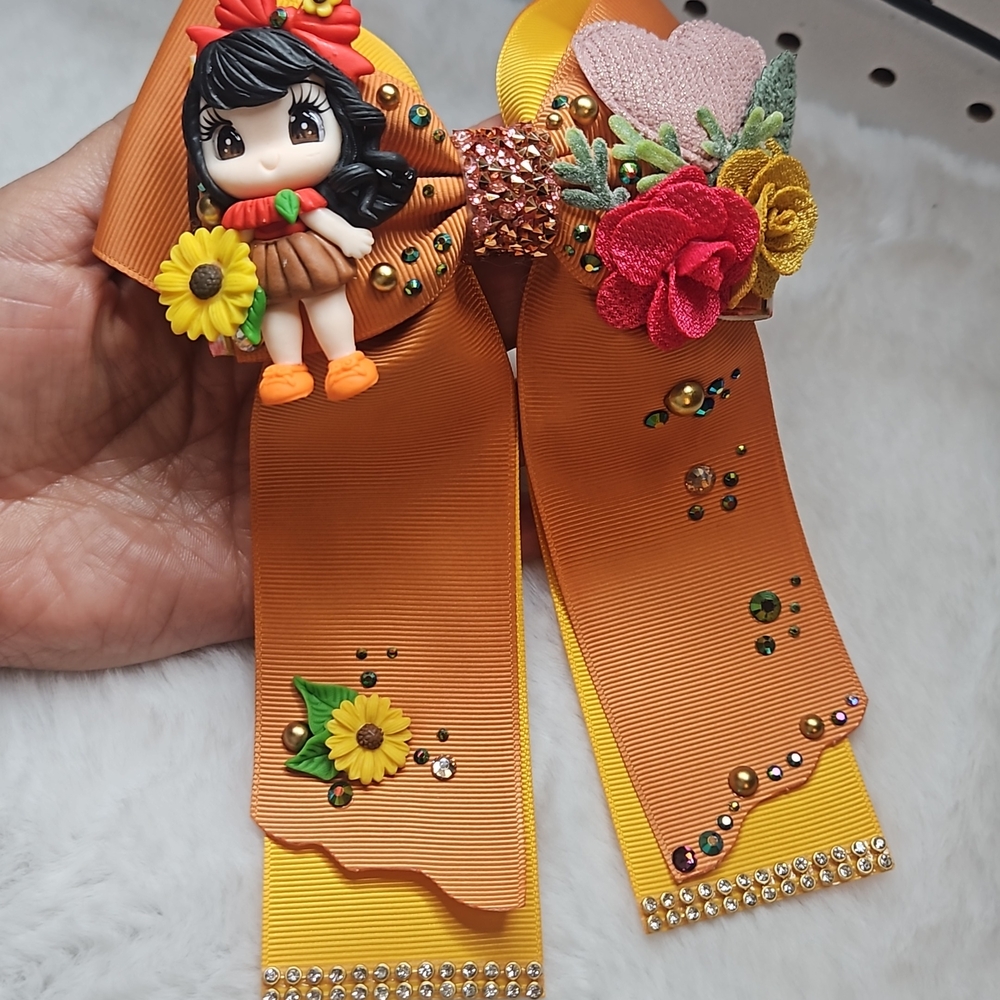 Orange and Yellow Hair Bow with Floral Accents